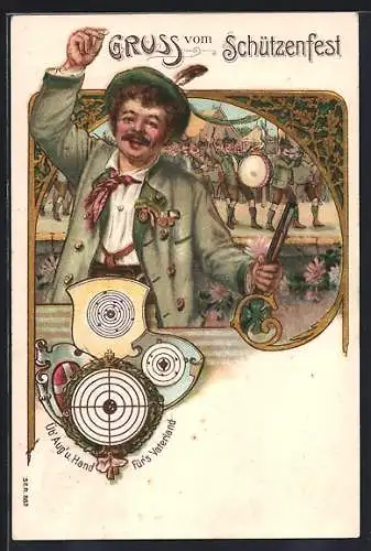 AK Schütze mit Gewehr und Zielscheibe, Strassenumzug mit Trommel, Schützenfest