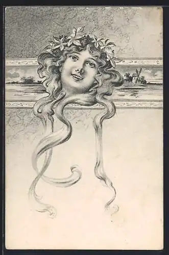 AK Junge Frau mit langem Haar, Im Hintergrund Windmühle, Jugendstil