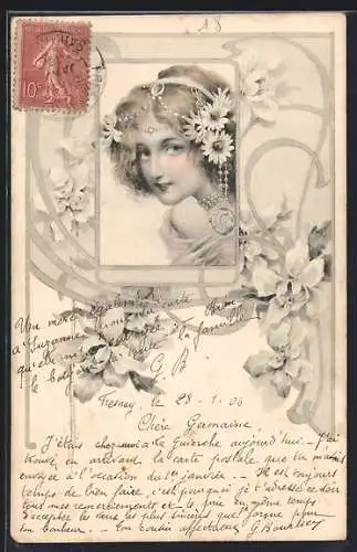 AK Junge Frau mit Blumen im Haar im Jugendstil, Passepartout