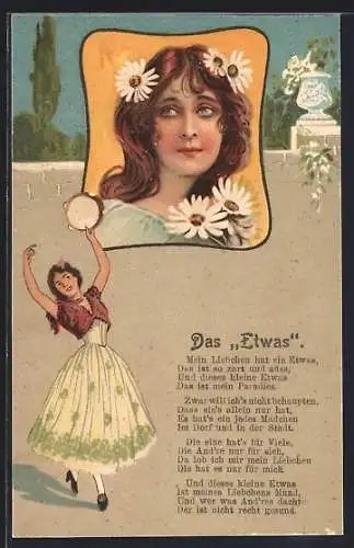 Lithographie Frau in spanischer Tracht mit Tamburin, Porträt einer kamillengeschmückten Frau