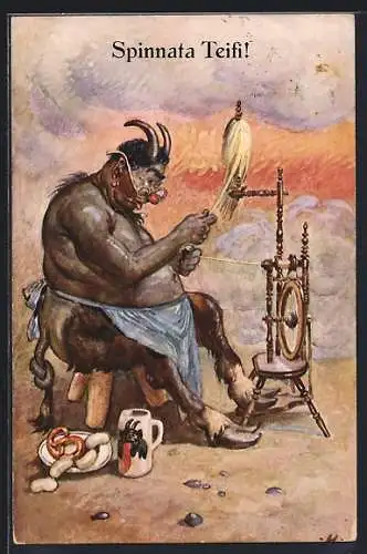 AK Spinnata Teifi, Teufel am Spinnrad mit Bierkrug