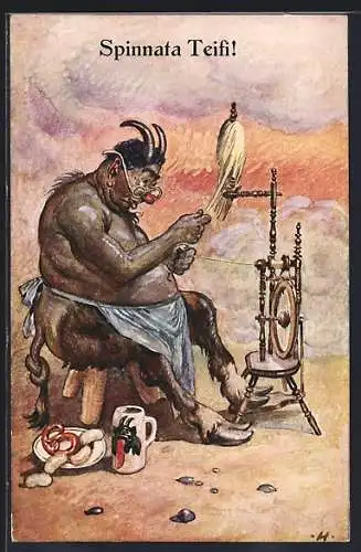 AK Spinnata Teifi, Teufel am Spinnrad mit Bierkrug