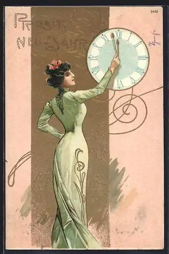 AK Prosit Neujahr - Junge Frau stellt die Uhr, Jugendstil