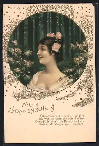 AK Junge Frau mit Rosen im Haar nachts im Wald, Jugendstil