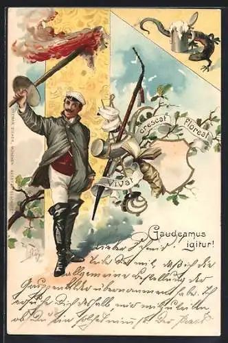 Künstler-Lithographie Arthur Thiele: Gaudeamis igitur!, Student mit Fackel