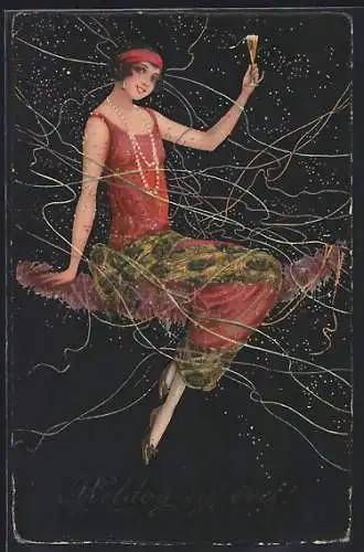 AK Junge Dame mit Sektglas in der Hand, Art Deco, Neujahrsgruss