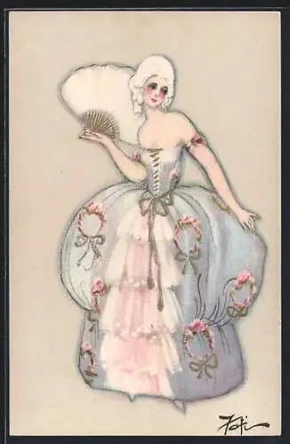 Künstler-AK Eine Frau im weiten Kleid mit einem Fächer, Art Deco