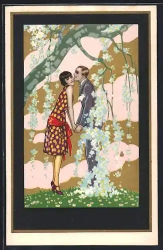 AK Liebespärchen unter einem blühenden Baum, Art Deco