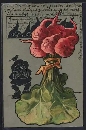 Lithographie Zwerg und Rübenköpfe