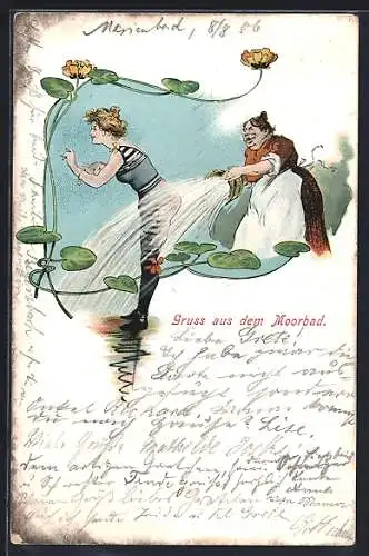 AK Gruss aus dem Moorbad, Frau bei einer Wasserkur, Badekultur