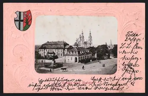 Präge-AK Fulda, Bonifaziusdenkmal u. Hauptwache mit Wappen