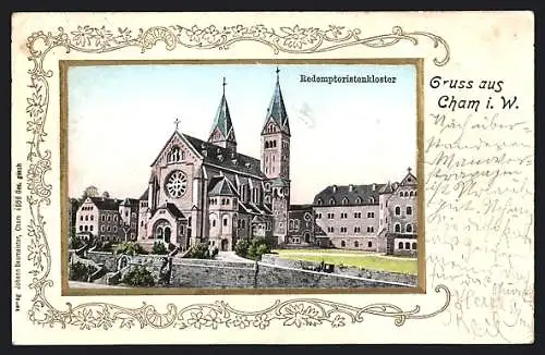 Präge-AK Cham i. W., Redemptoristenkloster mit goldenem Rahmen