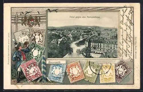 AK Bayreuth, Festspielhaus mit Flusspartie und Briefmarken