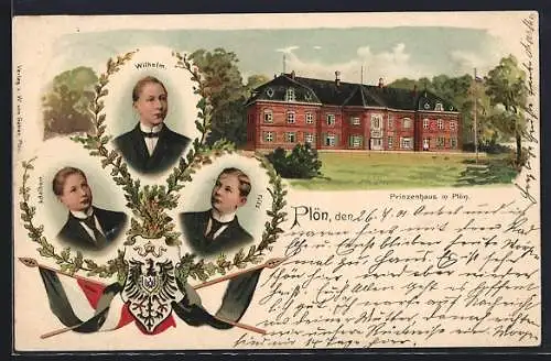 Lithographie Plön, Prinzenhaus und Portraits der Prinzen, Fritz, Wilhelm und Adalbert