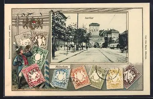 Präge-AK München, Isarthor, Passepartout mit Briefmarken