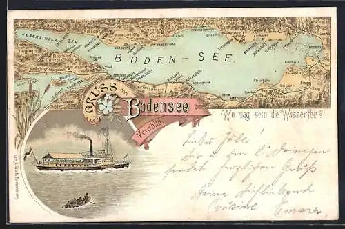 Lithographie Landkarte vom Bodensee und Umgebung mit Vexierbild, Dampfer