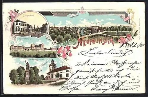 Lithographie Neumünster, Bahnhofstrasse, Kasernement und Drei-Kaiser-Denkmal