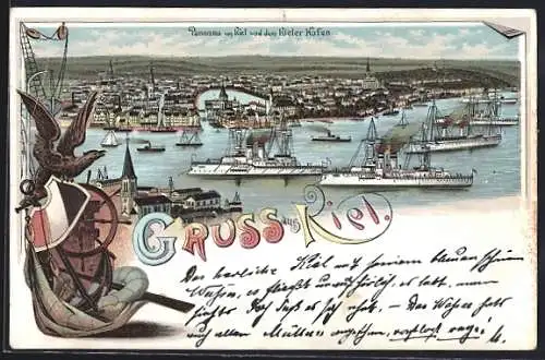 Lithographie Kiel, Panorama der Stadt und vom Hafen