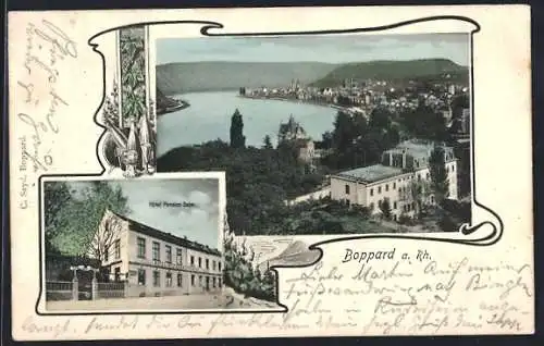 AK Boppard a. Rh., Hotel Pension Salm und Ortsansicht mit Wasserpartie
