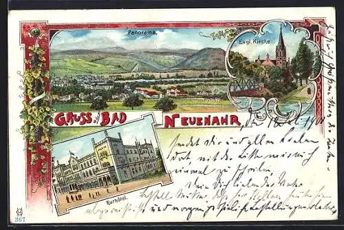 Lithographie Bad Neuenahr, Kurhotel und Evgl. Kirche