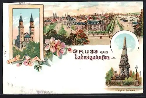 Lithographie Ludwigshafen a. Rh., Luitpold-Brunnen, Kath. Kirche