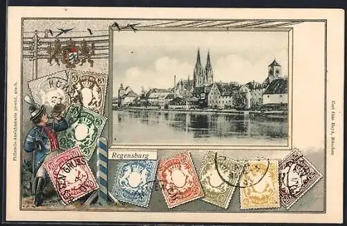 Präge-AK Regensberg, Flusspartie mit Kirche, Passepartout mit Briefmarken