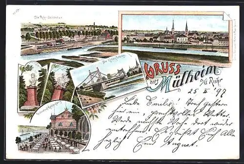 Lithographie Mülheim a / d. Ruhr, Restaurant Kahlenberg, Die Kettenbrücke, Die Ruhr Schleuse