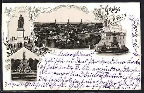 Lithographie Erlangen, Markgrafen-Denkmal, Schlossbrunnen und Kunstbrunnen