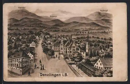 Künstler-AK Denzlingen i. B., Ortsansicht mit Kandel, Rosskopf und Glottertal