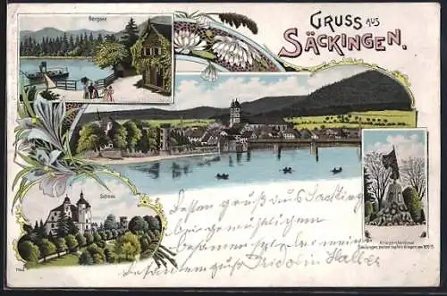 Lithographie Bad Säckingen, Ortsansicht von oben, Bergsee, Schloss, Blumen