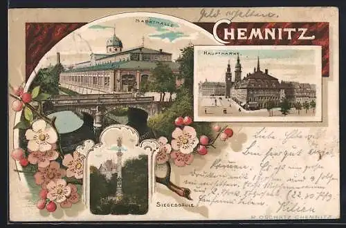 AK Chemnitz, Markthalle, Hauptmarkt und Siegessäule