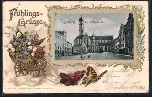 Passepartout-Lithographie Augsburg, St. Ulrichskirche mit Blumen und Schmetterlingen
