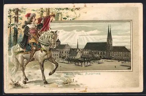 Passepartout-Lithographie Altötting, Marktplatz mit Rathaus, Trompeter von Säckingen