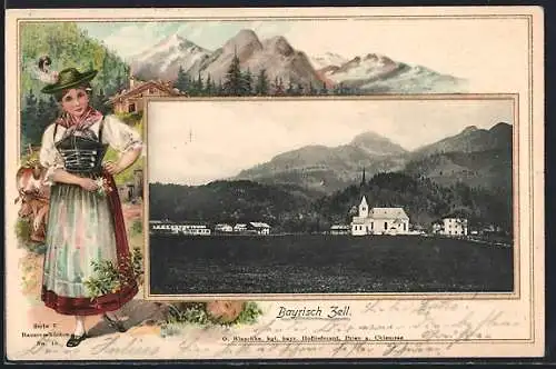 Passepartout-Lithographie Bayrischzell, Strasse zum Ortseingang, junge Frau in bayrischer Tracht auf der Kuhweide