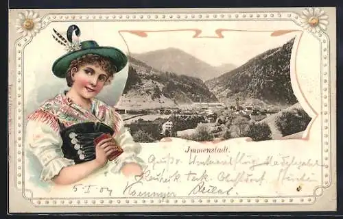 Passepartout-Lithographie Immenstadt, Blick auf den Ort mit Frau in Tracht