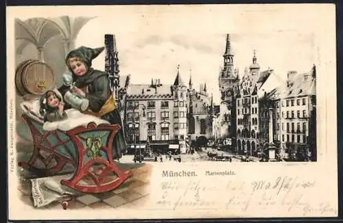 Passepartout-Lithographie München, Blick auf den Marienplatz, Münchner Kindl