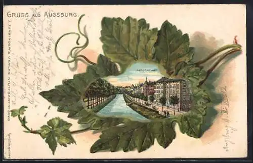 Passepartout-Lithographie Augsburg, Jakoberwall in einem Ahornblatt