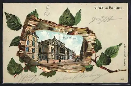 Passepartout-Lithographie Hamburg-Neustadt, Stadt-Theater dargestellt auf Holz
