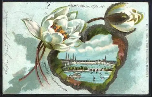 Passepartout-Lithographie Hamburg-Neustadt, Alsterbassin mit Lombartsbrücke