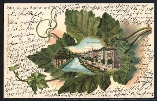 Passepartout-Lithographie Augsburg, Jakoberwall in einem Ahornblatt
