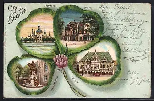 Passepartout-Lithographie Bremen, Parkhaus, Theater, Rathaus, Kleeblatt