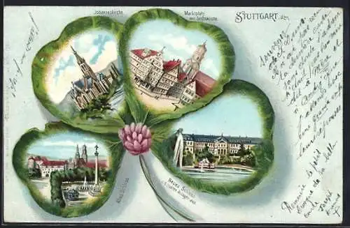Passepartout-Lithographie Stuttgart, Johanniskirche, Marktplatz, Altes und Neues Schloss