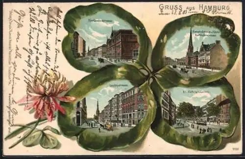 Passepartout-Lithographie Hamburg, Gemeindehaus und Kirche an der Vierländerstrasse, Kleiner Röhrendamm, Kleeblatt