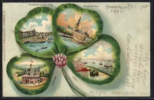 Passepartout-Lithographie Hamburg, Alter und neuer Jungernstieg, Neues Rathaus, Fährhaus, Hafen