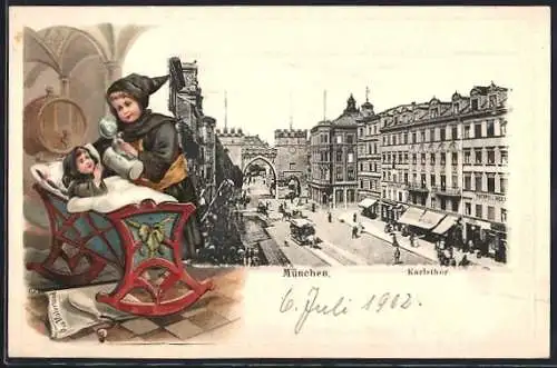 Passepartout-Lithographie München, Karlsthor mit Hotel und Strassenbahn