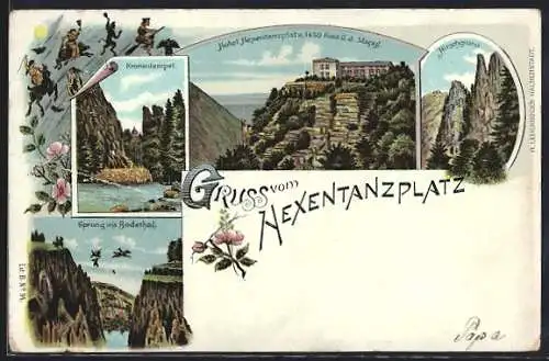 Lithographie Thale, Hotel am Hexentanzplatz, der Kronentempel, der Hirschgrund, Sprung ins Bodetal