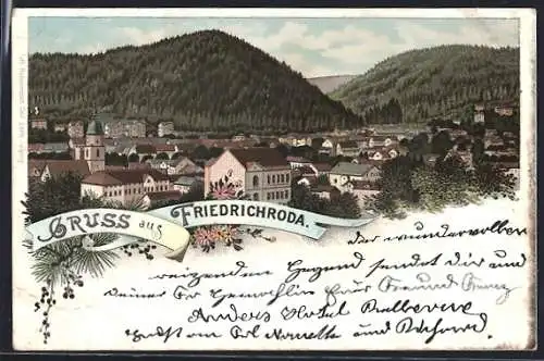 Lithographie Friedrichroda, Gesamtansicht des Ortes
