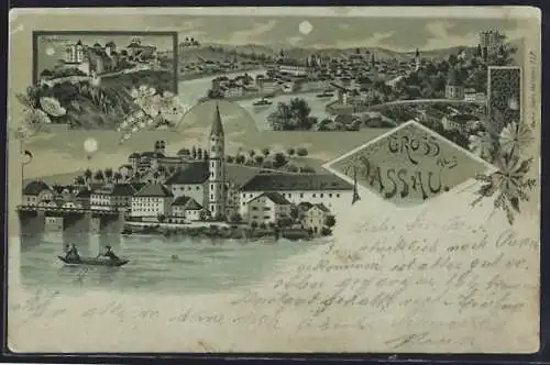 Mondschein-Lithographie Passau, Teilansicht, Oberhaus, Uferpartie
