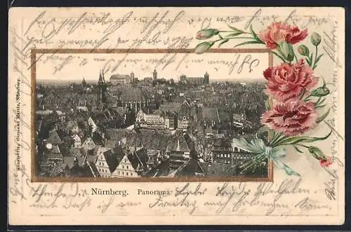 Lithographie Nürnberg, Panorama mit Kirche, Nelken, Passepartout