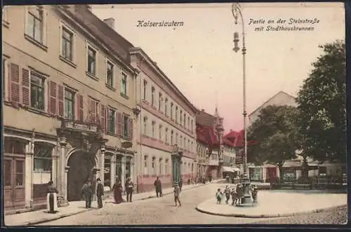 AK Kaiserslautern, Steinstrasse mit Geschäften und Stadthausbrunnen